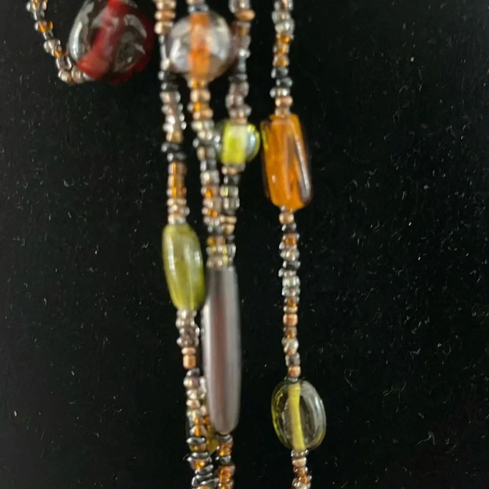 Beaded long necklace glass brown green tan  boho casual